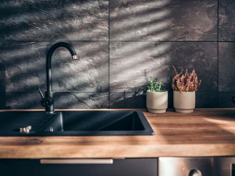 Modern kitchen with black sink and fronts